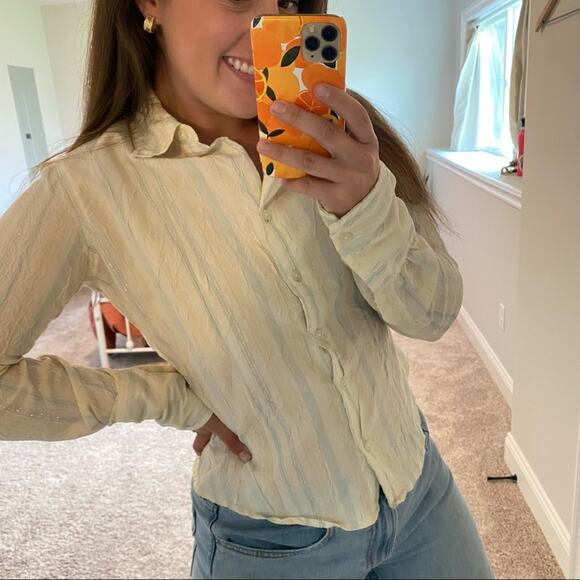 Johnny Cotton Pastel Yellow Blue Metallic Stripe Button Front Top Blouse 2 - Picture 8 of 14